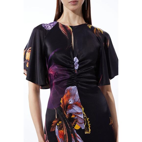 Karen Millen Midnight Floral Satin Angel Sleeve Maxi Dress Size 6 Petite - Picture 4 of 16